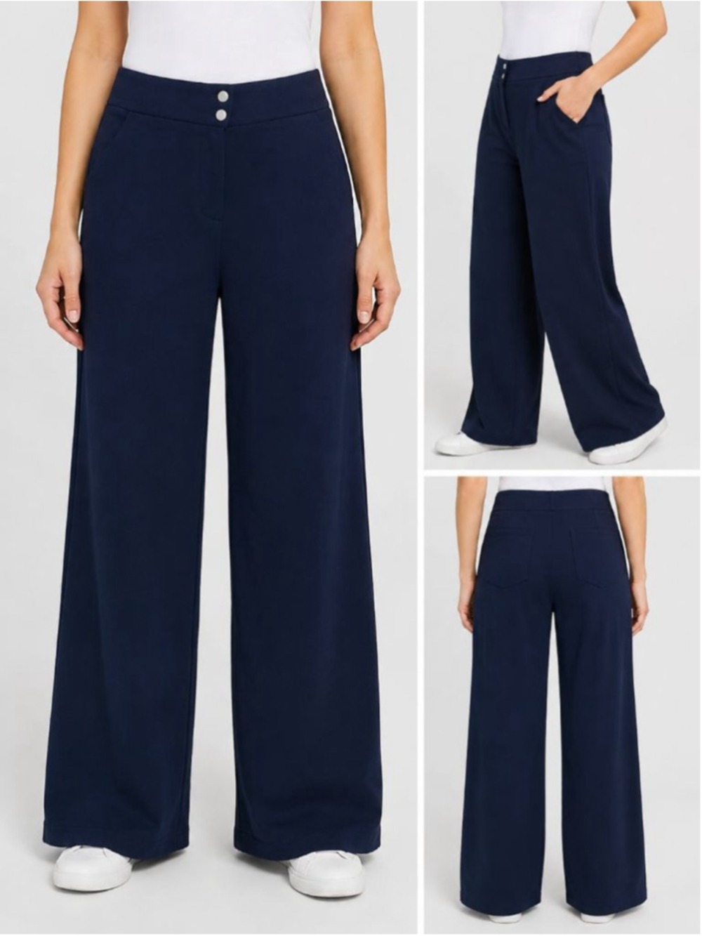 Chico's Wide Leg Pants Women's US 12R Navy Blue Stretch Knit Cotton Spandex